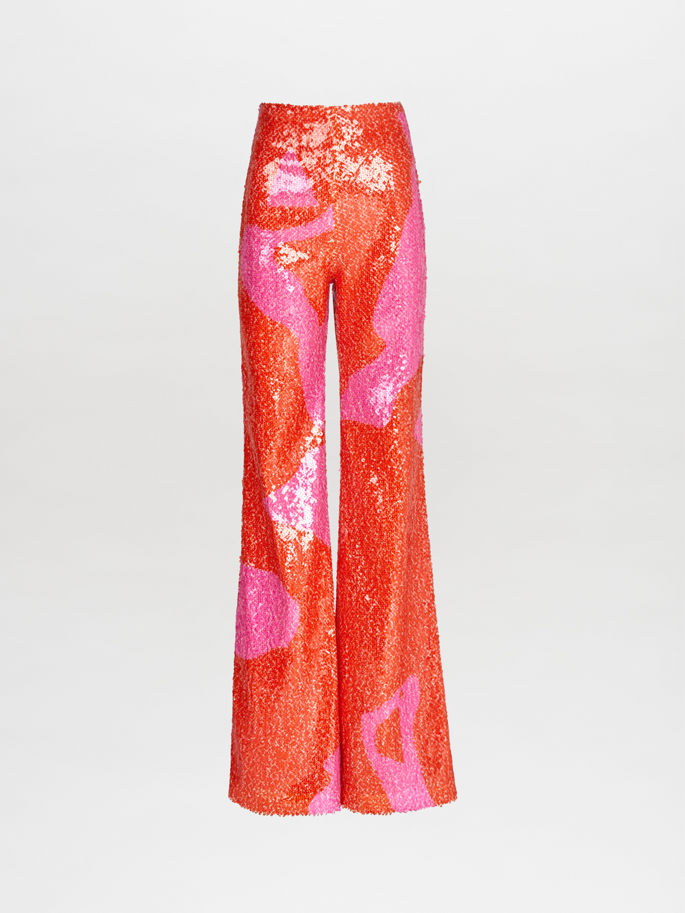 The Avellino Pant by Silvia Tcherassi features high-waisted, wide-leg sequined trousers in bold red and pink patterns, shown on a plain white background—a dazzling statement from Resort 2024.