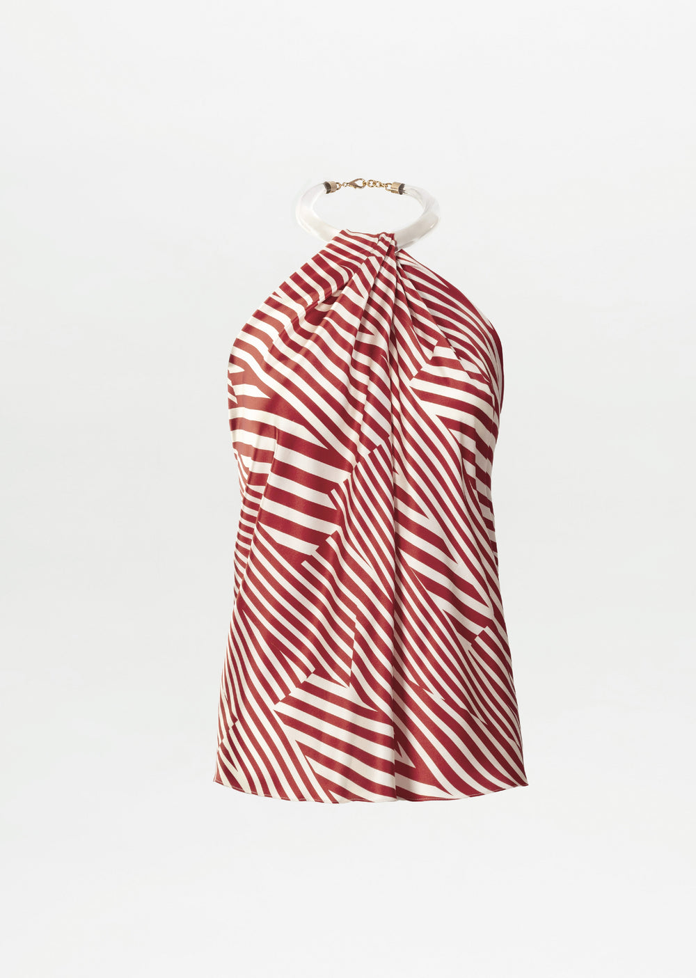 The Dianela Blouse by SVT DESIGNS is a sleeveless halter top made from luxurious Italian silk, featuring diagonal red and white stripes, a high neckline with a circular gold-accented clasp, shown against a plain white background.