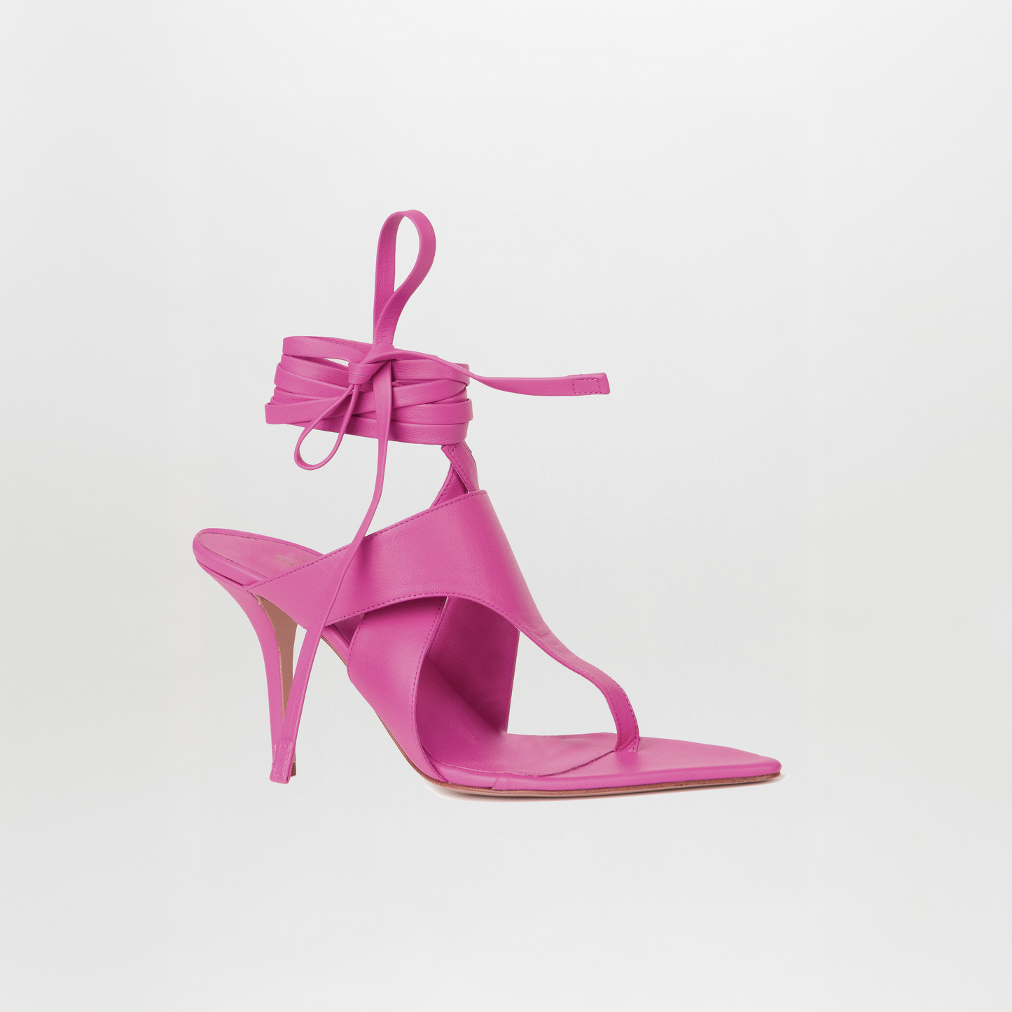 The Domenico Heels Magenta by SilviaTcherassi, made from fine Italian leather, feature a square toe, single toe strap, and wrap-around ankle laces, shown on a plain white background.