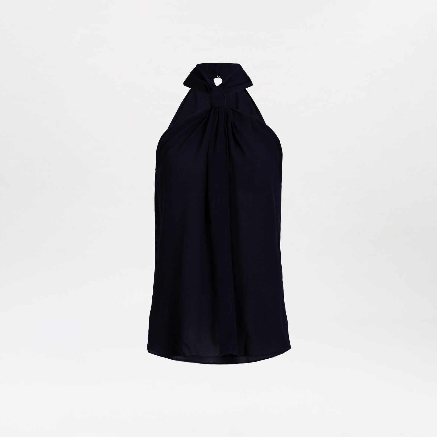 Black sleeveless Teagan Blouse featuring a halter neck with a gathered neckline and a small keyhole cutout beneath the collar, displayed on a white background.