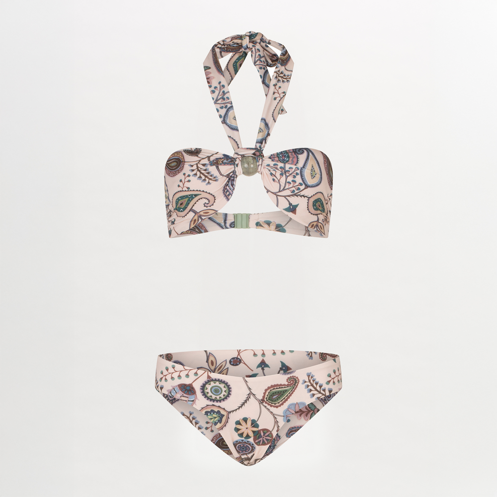 The Silvia Tcherassi US Valderice Top + Fermina Bikini, in beige paisley print, includes a strapless bandeau top with front knot and halter neck strap plus matching bottoms, shown on a plain white background.
