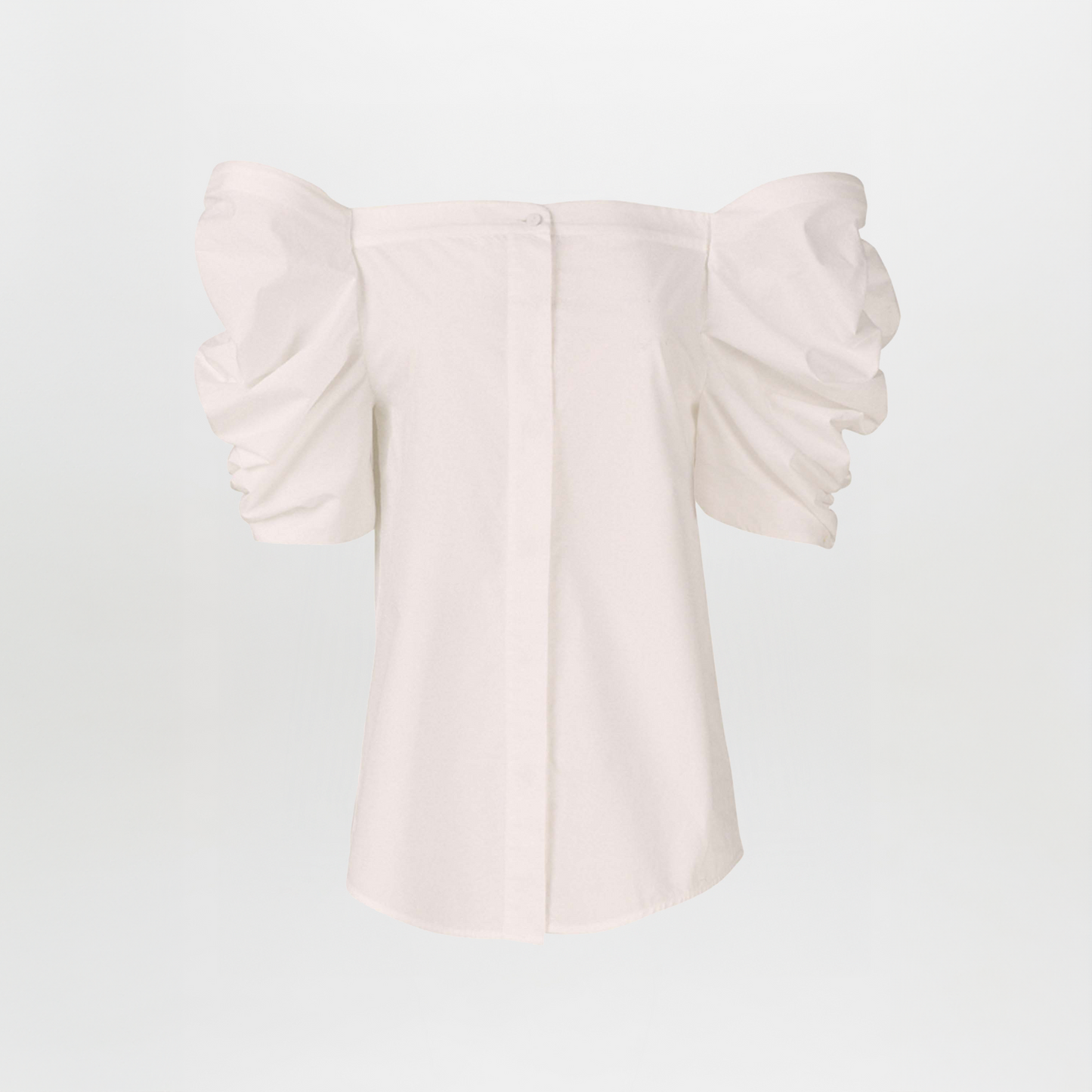 The Silvia Tcherassi Wynn Blouse in white features a straight neckline and short, voluminous off-the-shoulder puff sleeves, showcased against a plain white background.