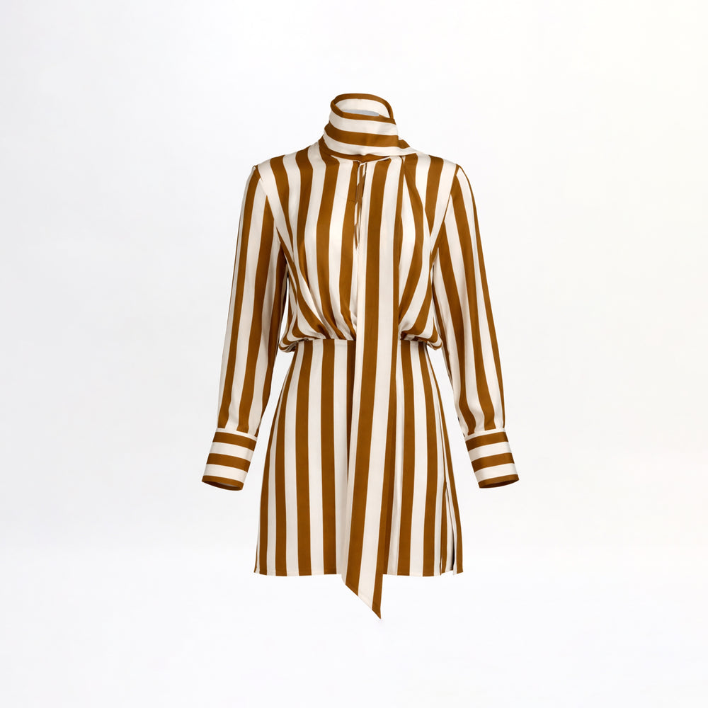 Brown and white striped dress on a white background