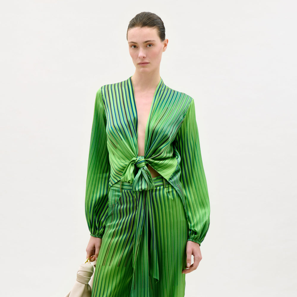 Woman wearing a green striped dress with a plain background