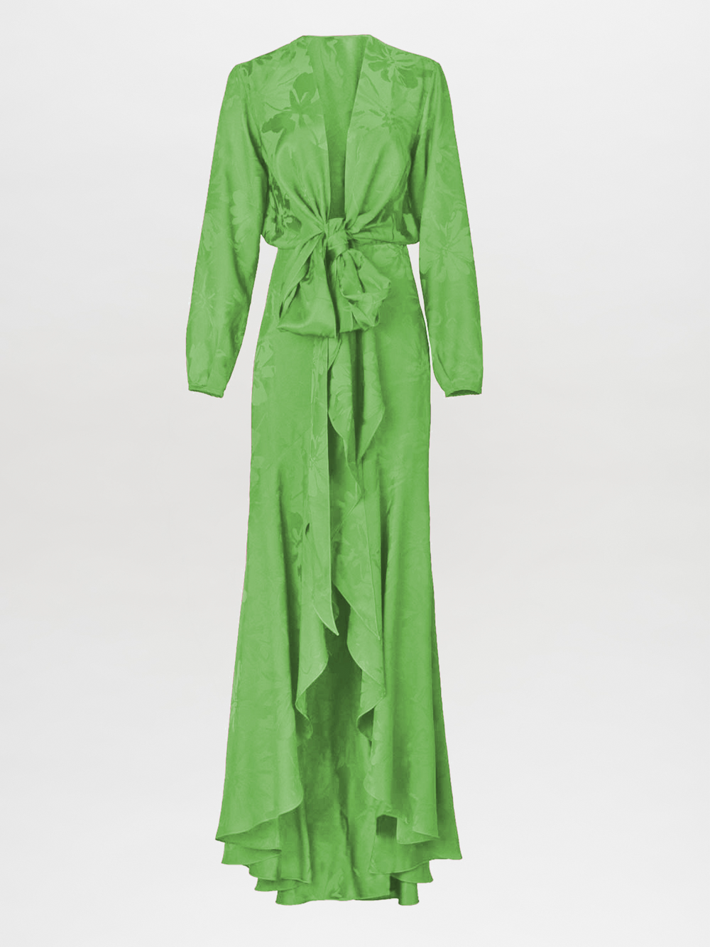 The Albarella Dress Green by SilviaTcherassi features a rich emerald shade with a floral pattern. Its deep V-neckline, waist-slimming bow tie, long sleeves, and asymmetrical hem create an elegant and sophisticated look.