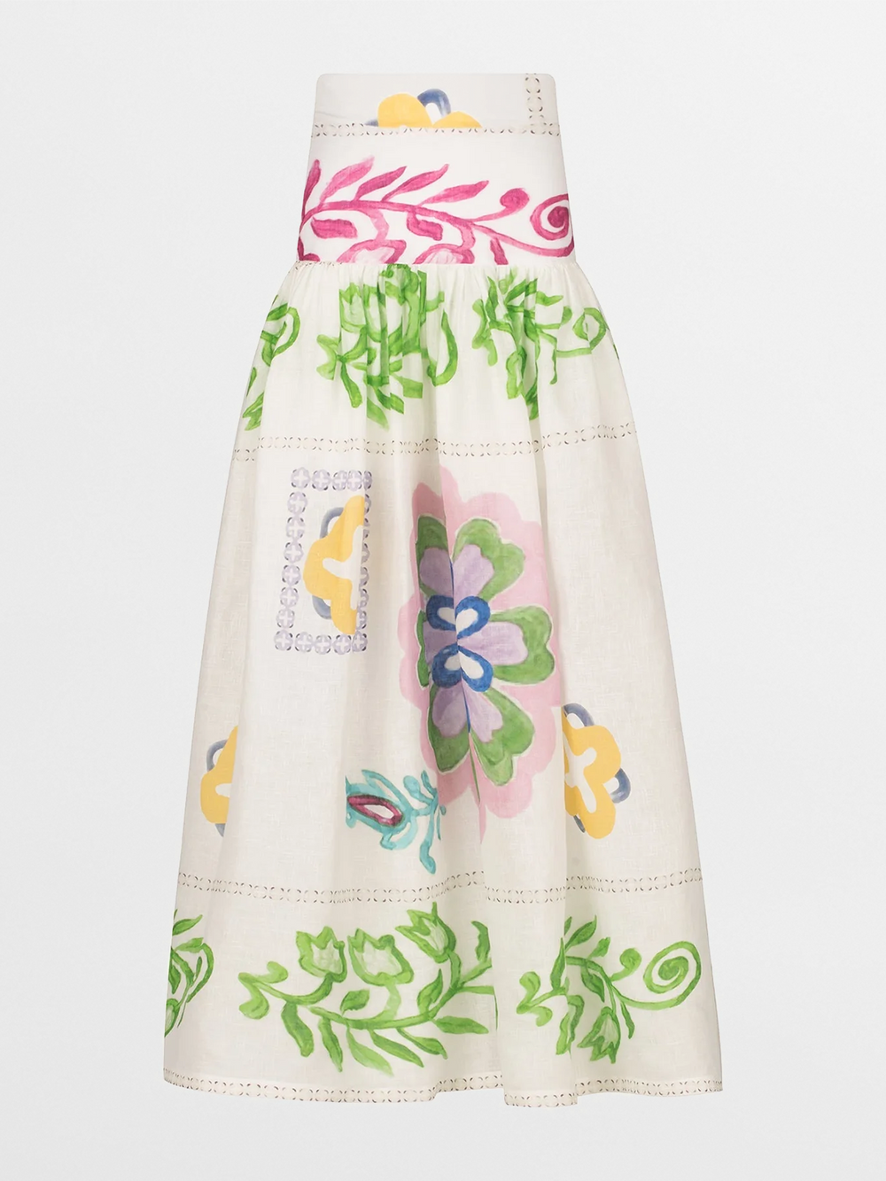 The Abla Skirt by Silvia Tcherassi US is a cream, high-waisted linen midi with a flared silhouette and abstract floral patchwork in green, pink, yellow, and blue.