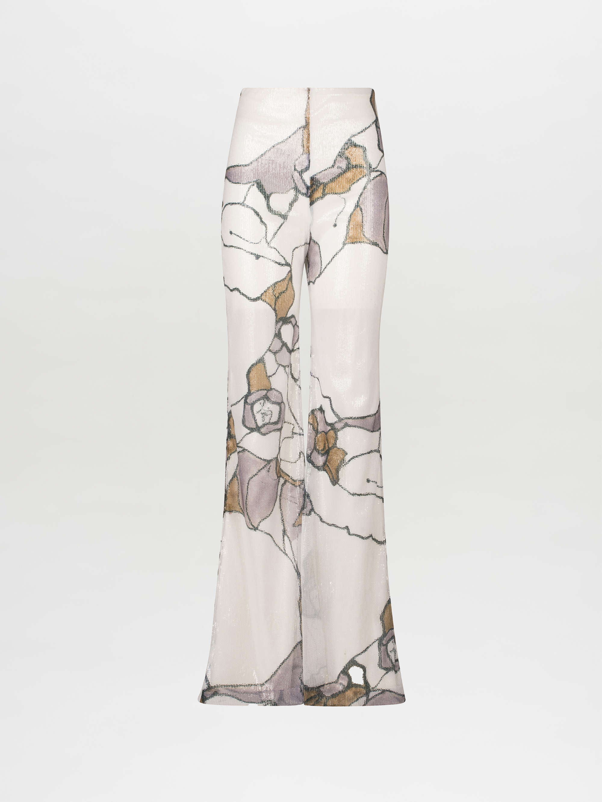 The Avellino Pant by Silvia Tcherassi US boasts a high-waisted, sequined, flared design with a colorful abstract print in brown, gray, and purple tones against a plain light background.