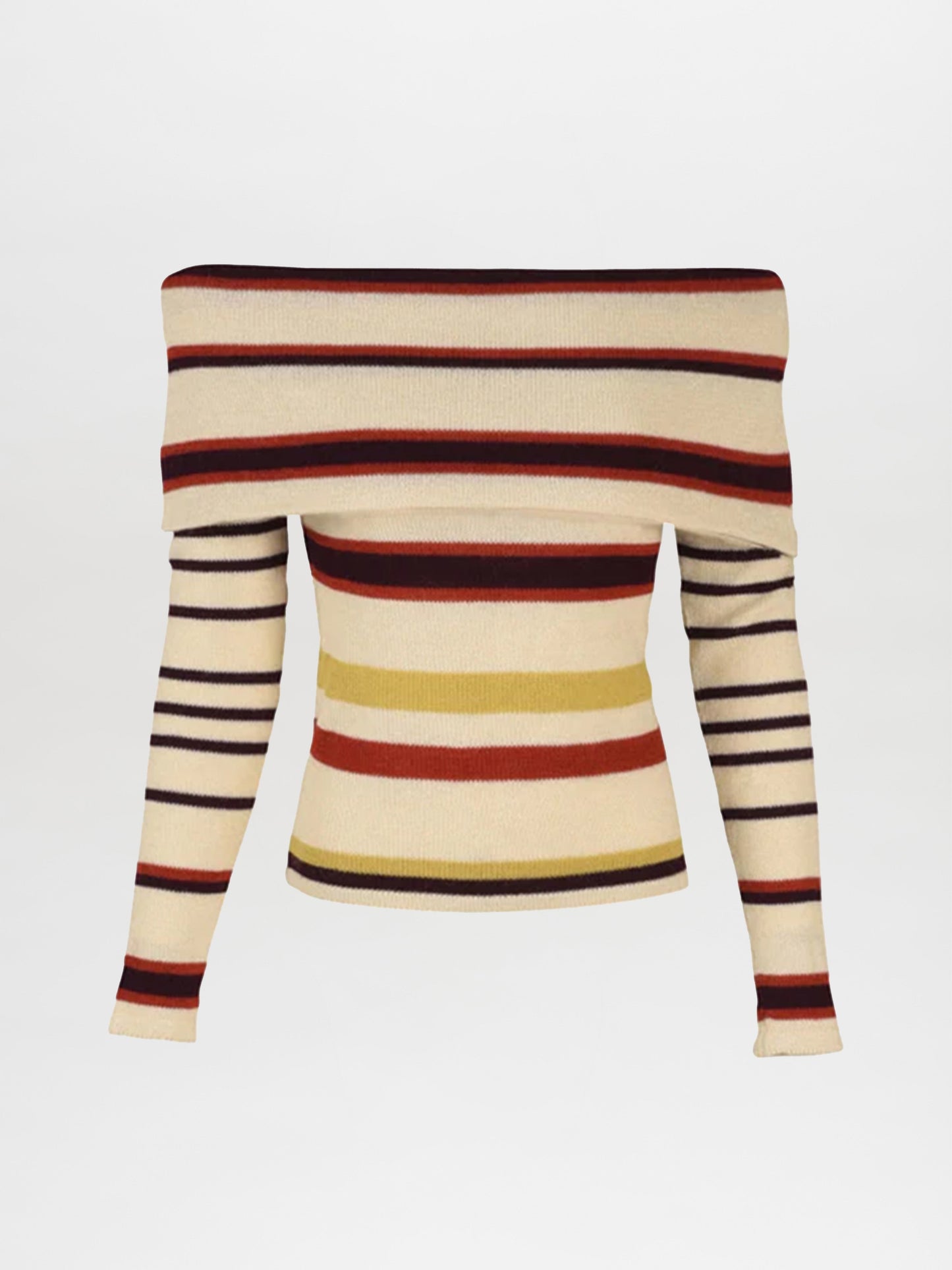 The Alexandra Knit Top by Silvia Tcherassi is a fitted, long-sleeved, off-the-shoulder sweater made from 100% baby alpaca. It features multi-colored stripes in black, red, beige, and yellow on a cream background with a wide neckline.