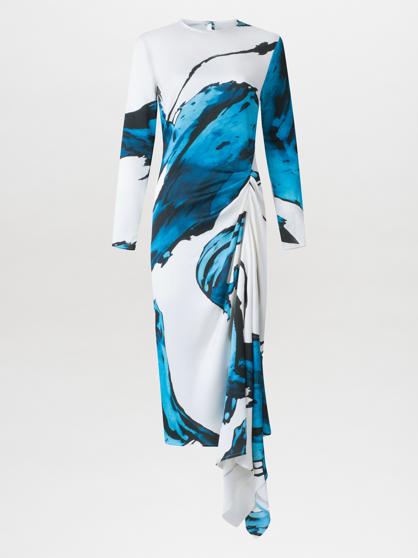 Ananya Dress Multi Abstract Waves with bold blue abstract print design, featuring an asymmetrically draped skirt, displayed on a white background.