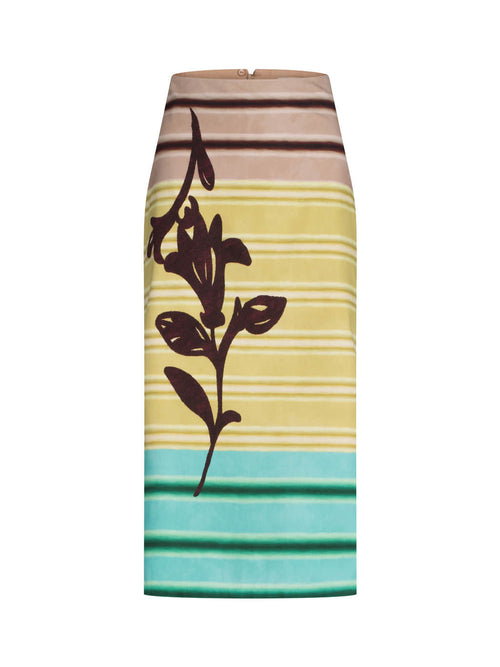 A-line high-waisted midi Atira Skirt Meadow View featuring horizontal multicolor stripes in brown, cream, yellow and teal, with a large brown floral print on the front.