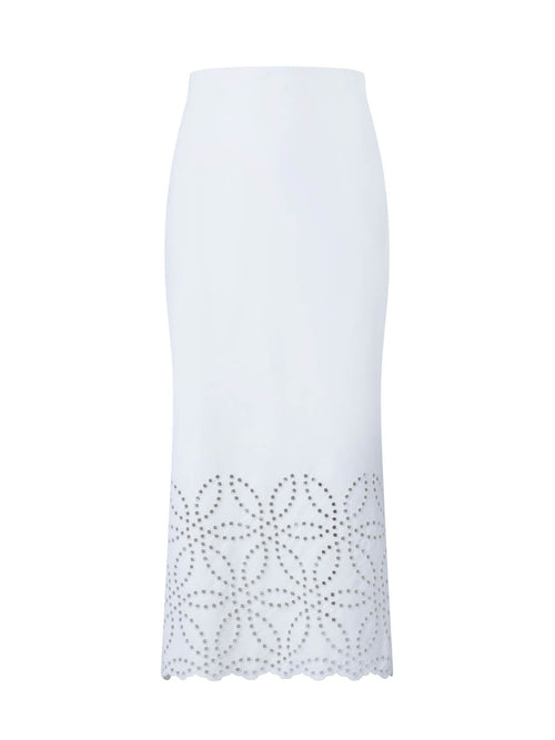 Atira Skirt Pearl high-waisted midi skirt with laser-cut floral hem design, isolated on a white background.