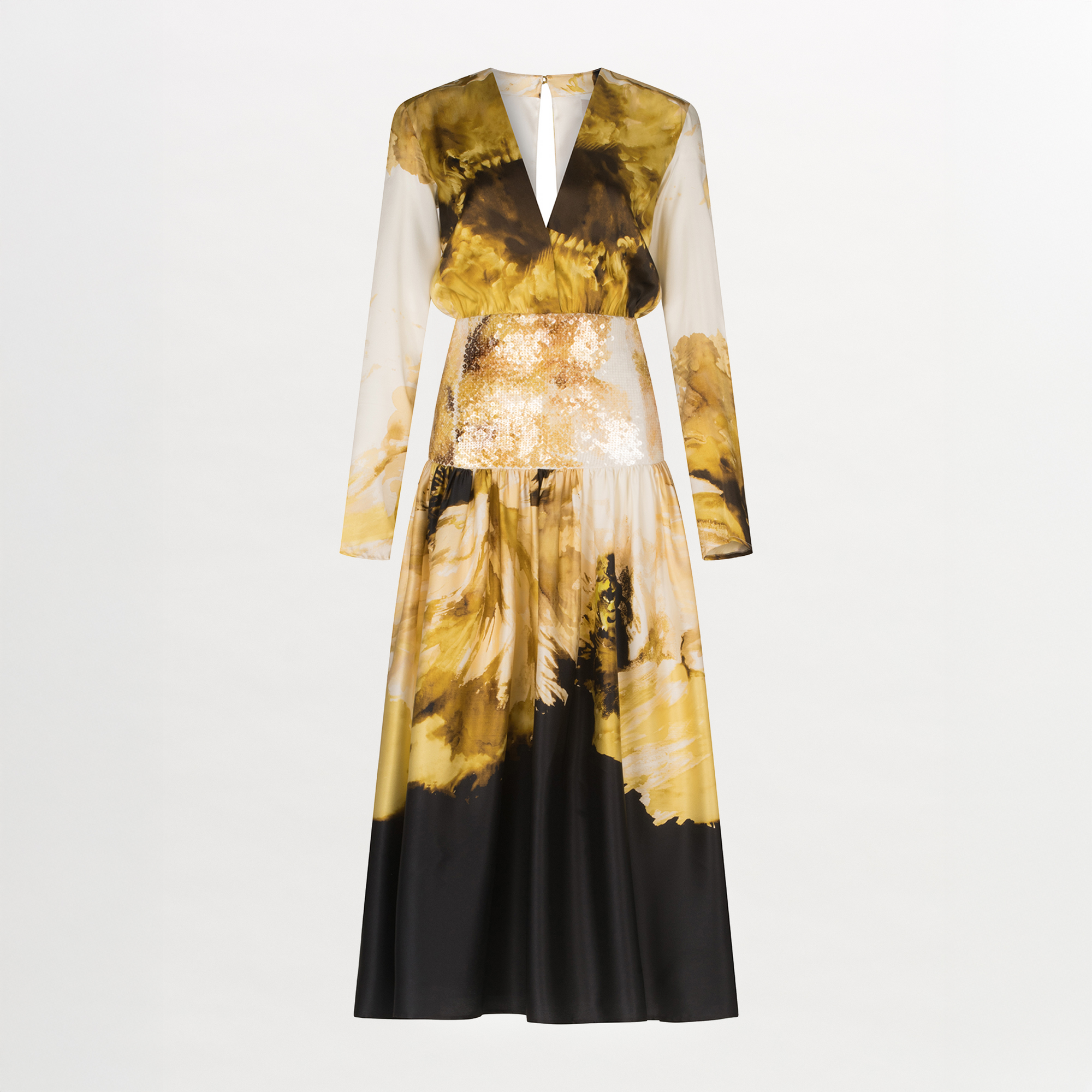 The Azalena Dress by Silvia Tcherassi US features long sleeves, an ankle-length silhouette, a V-neck, and fitted waist. Its yellow, black, and cream abstract print and flowing skirt offer effortless elegance.