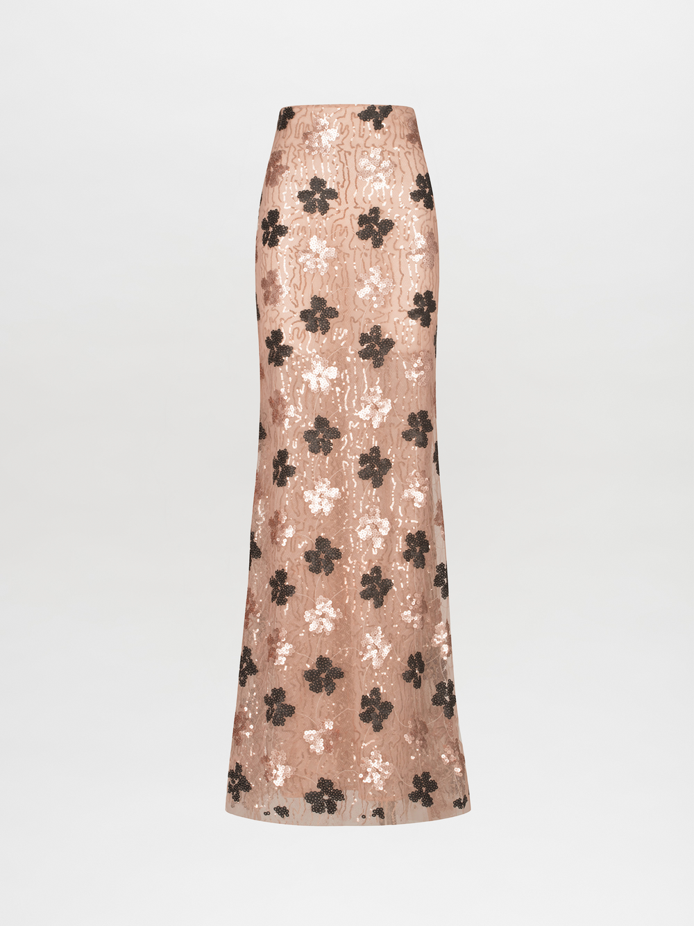 The Belisa Skirt by Silvia Tcherassi US is a fitted, high-waisted maxi with sheer nude fabric, black floral sequin lace, and subtle details, made in Colombia and shown on a plain white background.