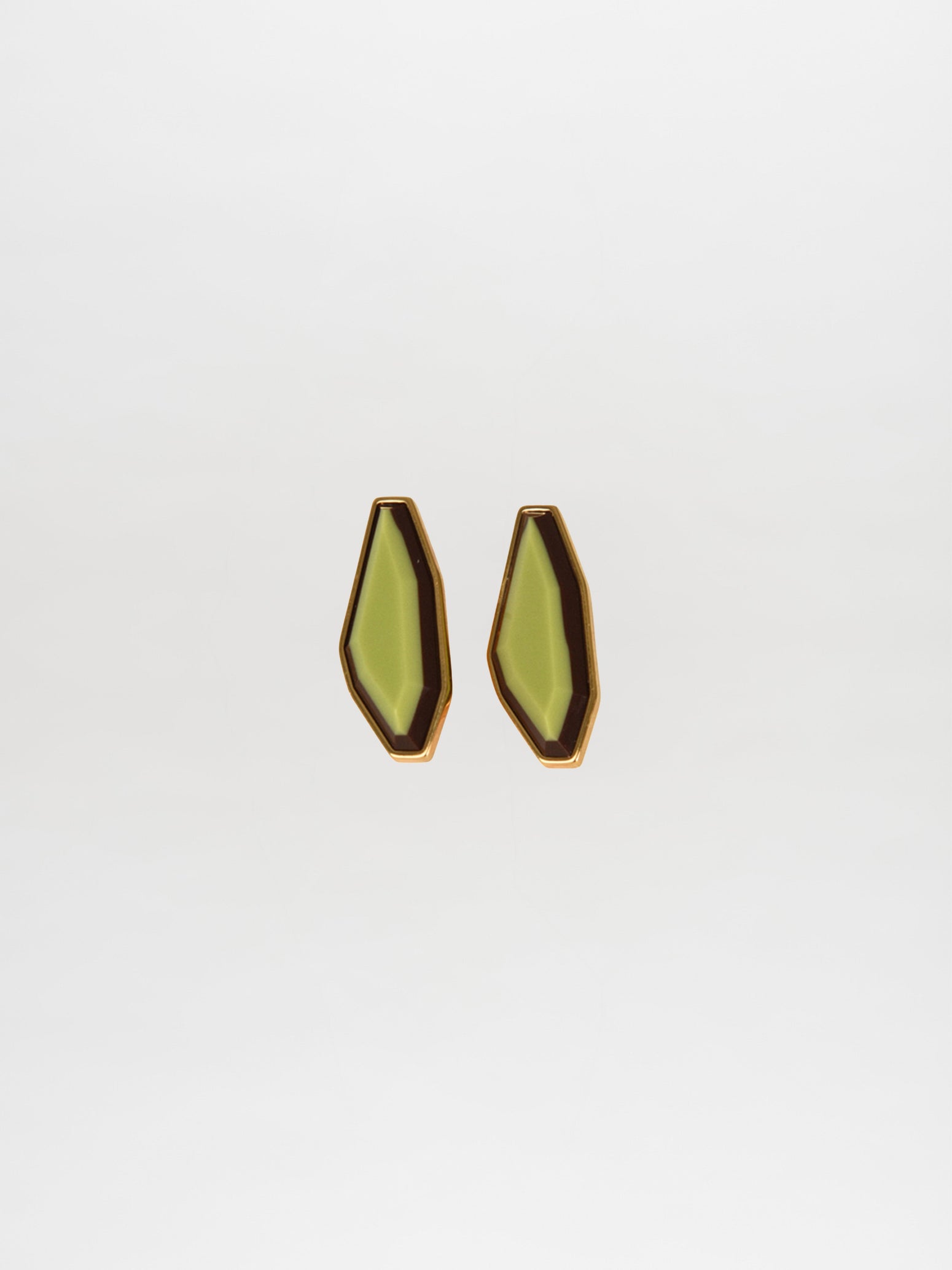 Presenting Silvia Tcherassi's Badra Earrings Lime: geometric designs crafted from Italian resin, featuring a striking green center and chic brown edges on a simple white background.