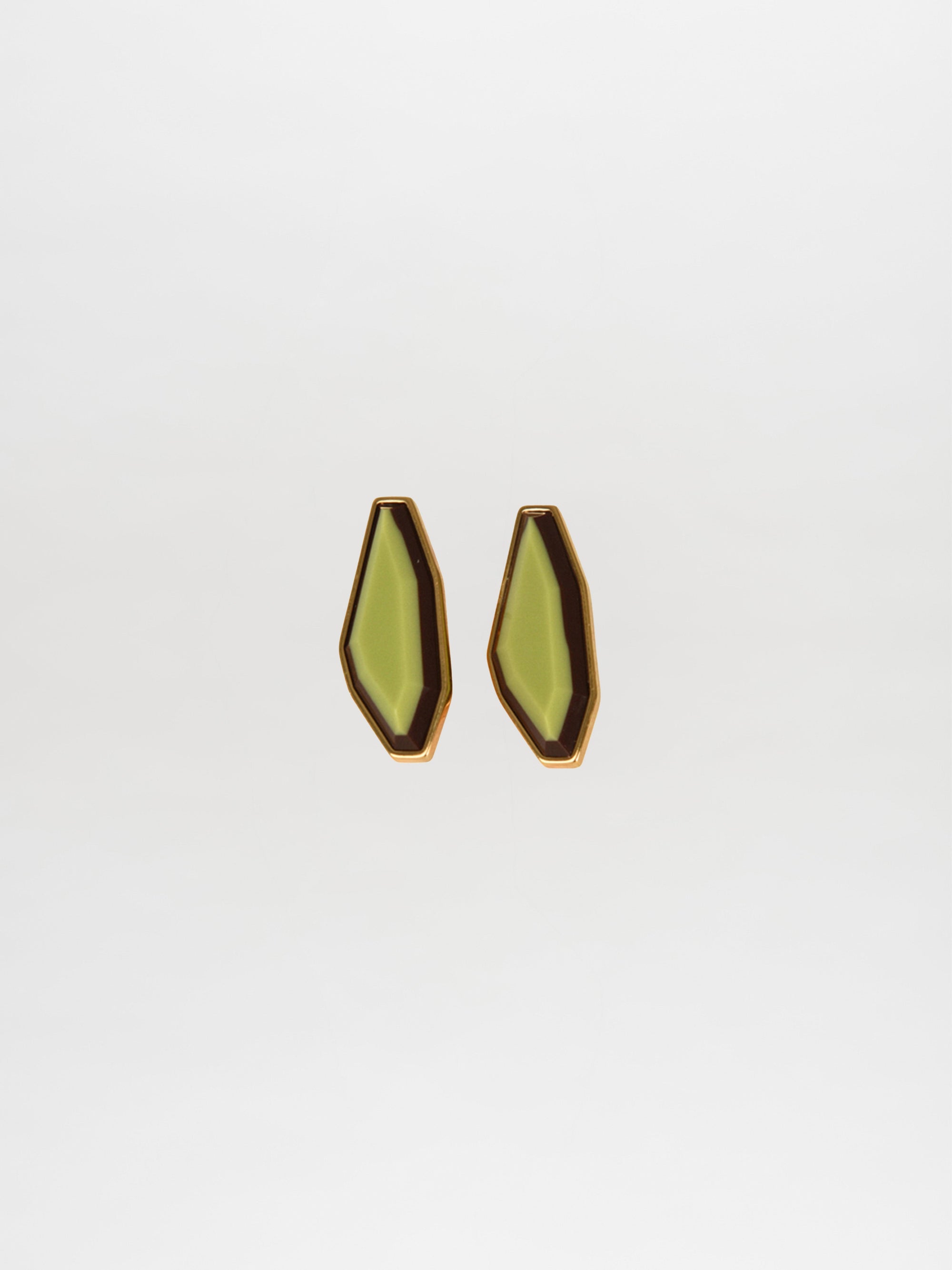 Presenting Silvia Tcherassi's Badra Earrings Lime: geometric designs crafted from Italian resin, featuring a striking green center and chic brown edges on a simple white background.
