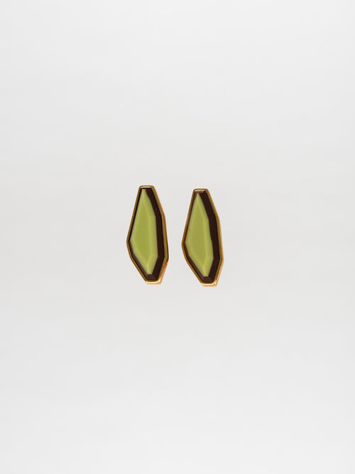 Presenting Silvia Tcherassi's Badra Earrings Lime: geometric designs crafted from Italian resin, featuring a striking green center and chic brown edges on a simple white background.