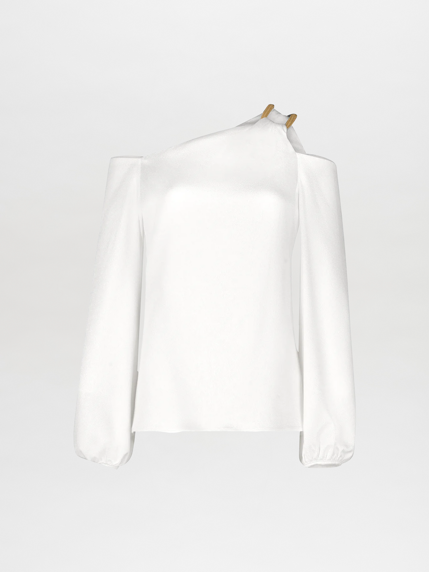 The Barb Blouse by Silvia Tcherassi US is a white, long-sleeve one-shoulder top with an asymmetrical neckline, single shoulder strap, and draped silhouette, shown on a plain white background.