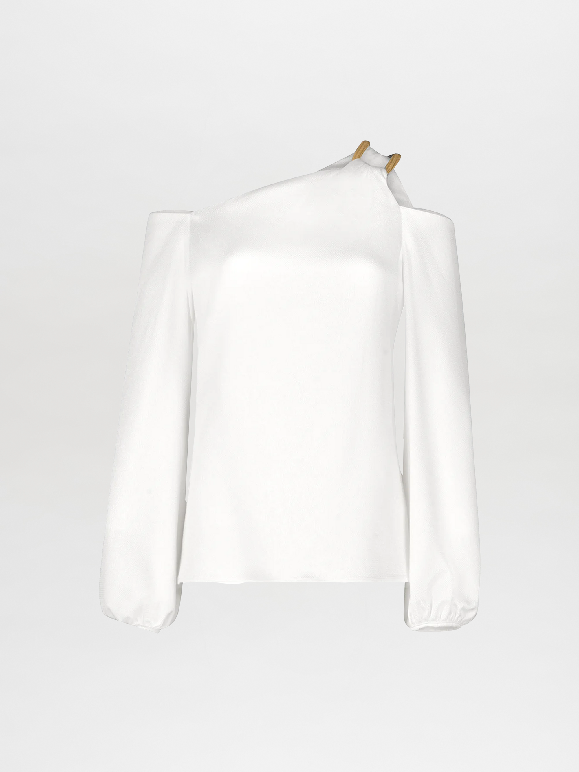 The Barb Blouse by Silvia Tcherassi US is a white, long-sleeve one-shoulder top with an asymmetrical neckline, single shoulder strap, and draped silhouette, shown on a plain white background.