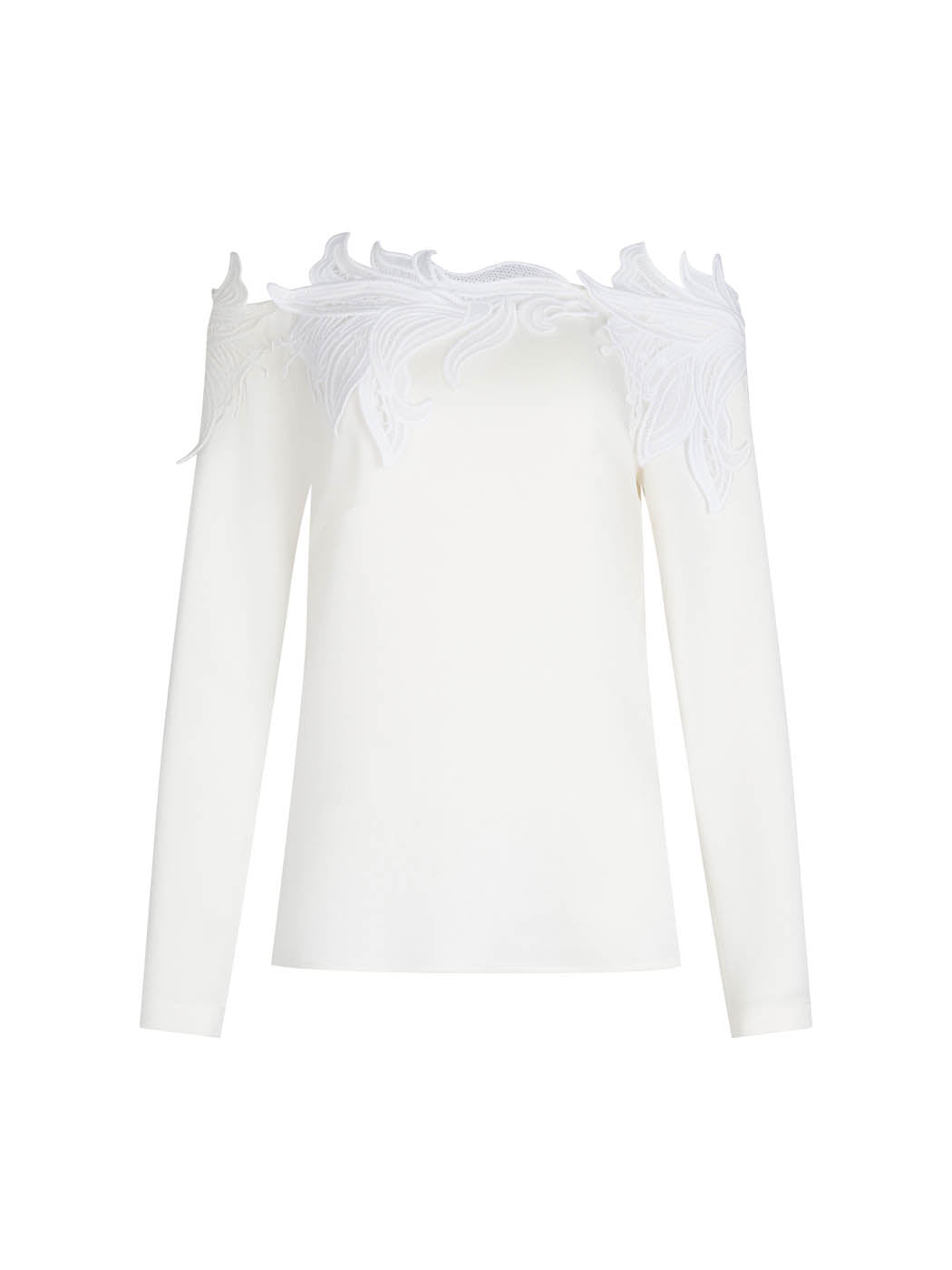 Belinda Blouse White with ornate Guipure lace detailing on the shoulders and cut-out accents, displayed on a plain background.