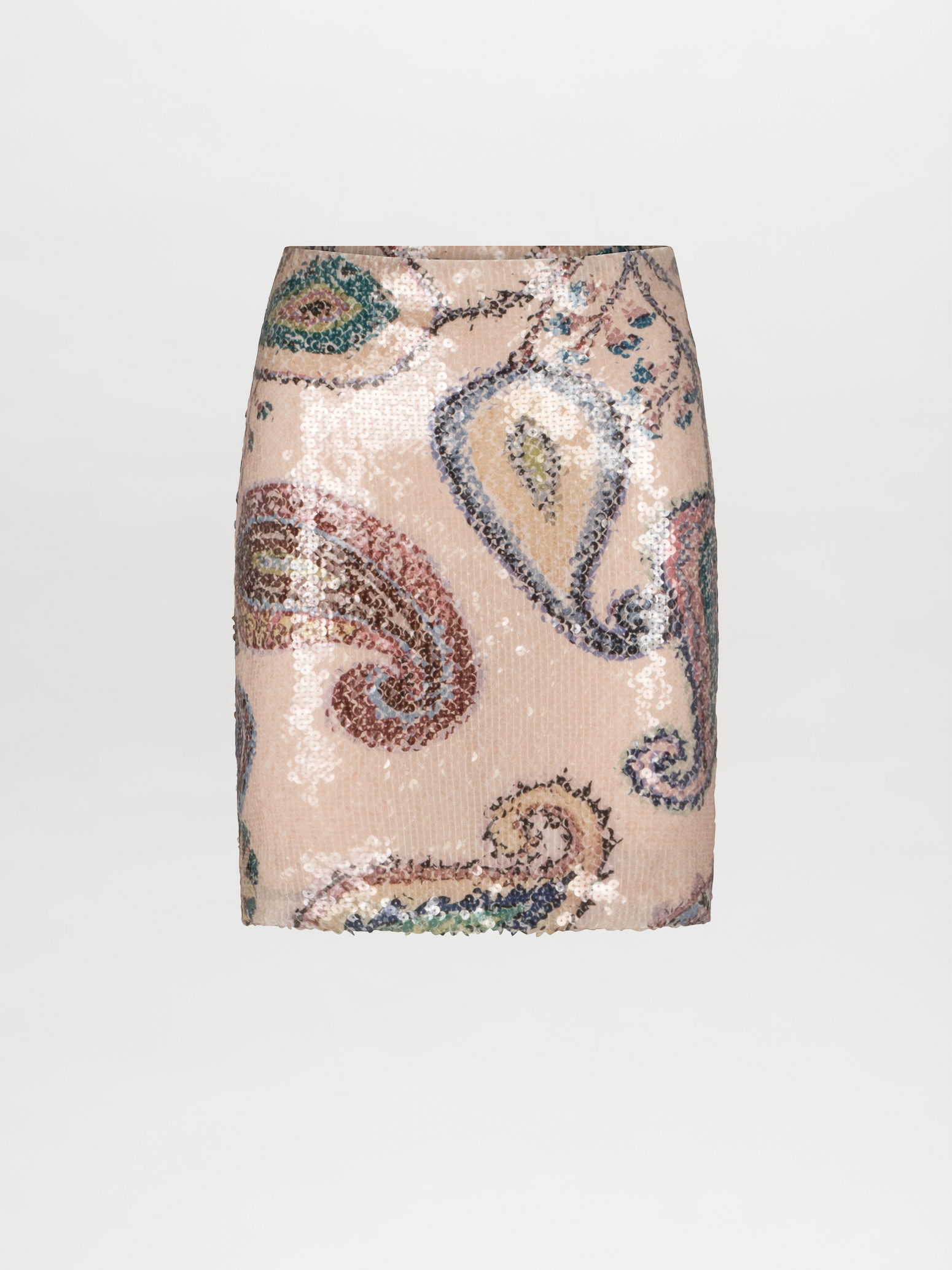 The Carey Skirt by Silvia Tcherassi US is a chic high-waisted beige sequin skirt featuring an abstract paisley print in green, brown, and blue against a plain white background.