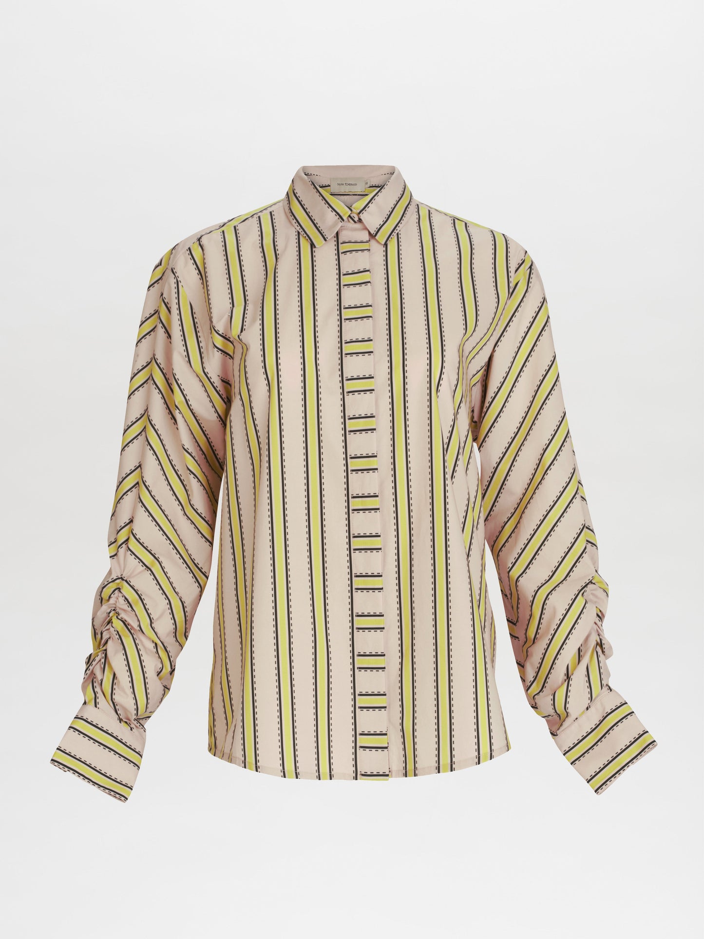 The Caritina Blouse by SVT DESIGNS is a long-sleeve button-up, crafted from fine Italian fabric, with a collar and yellow, black, and beige vertical stripes of varying thickness on white. Its sleeves boast a gathered ruched appearance.