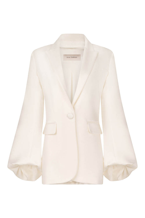 Elegant Coco Blazer White with a single button closure and puffed sleeves, crafted from textured hammered satin, isolated on a white background.