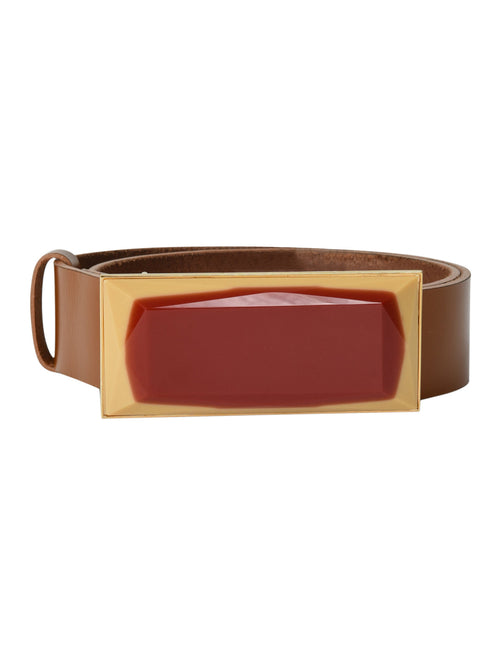 A Dora Belt Cognac Maroon with a red square on it available for pre-order and will ship by August 15th.