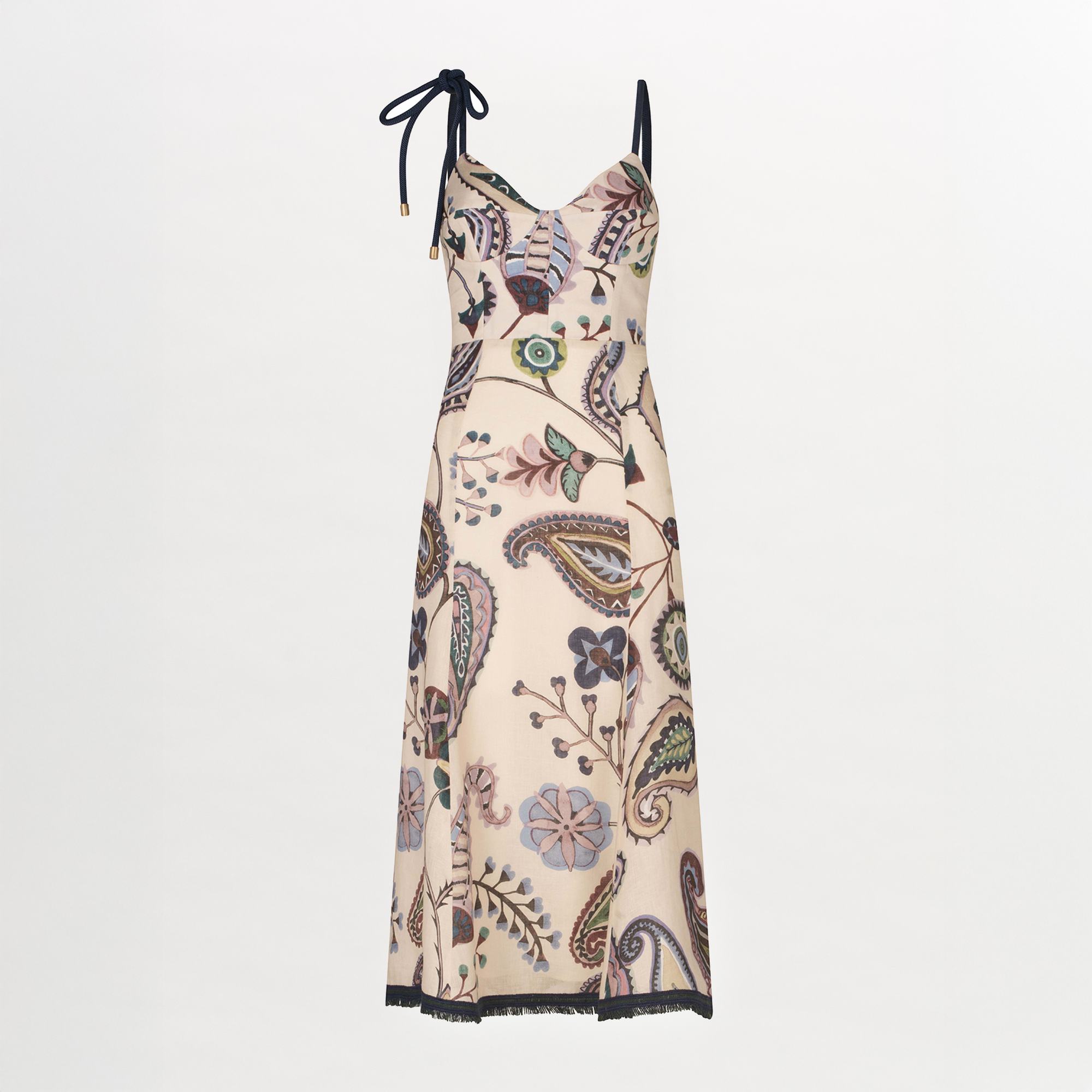The Dalil Dress by Silvia Tcherassi US is a sleeveless, cream midi dress with a fitted bodice, black trim, single shoulder tie, and abstract paisley print with multicolored floral accents.