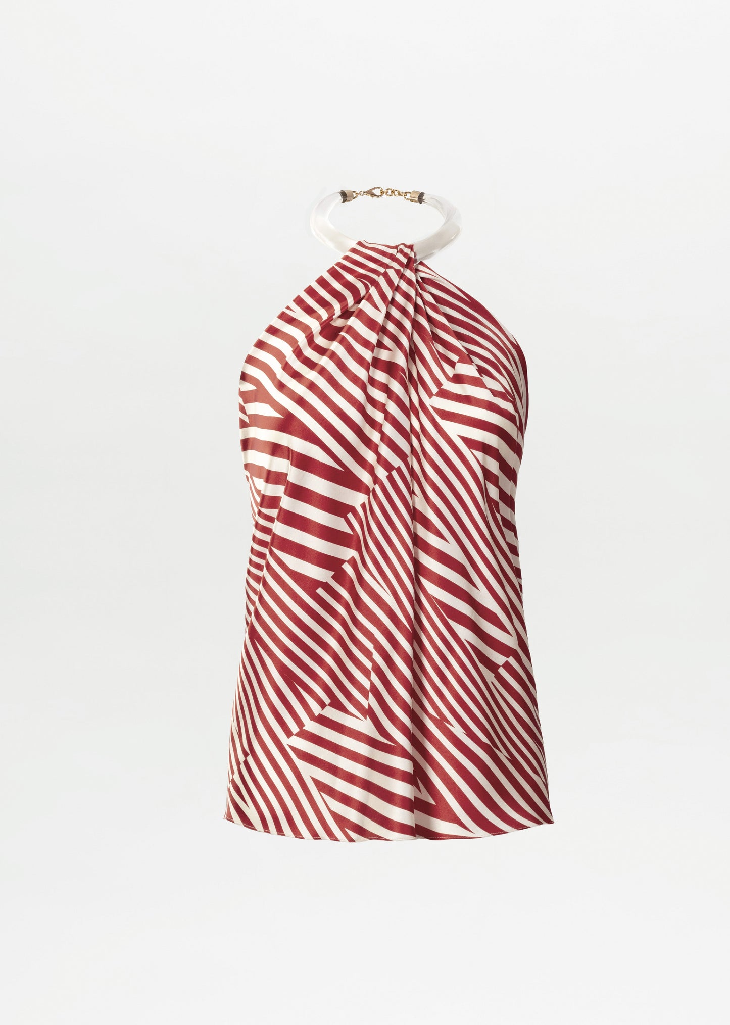 The Dianela Blouse by SVT DESIGNS is a sleeveless halter top made from luxurious Italian silk, featuring diagonal red and white stripes, a high neckline with a circular gold-accented clasp, shown against a plain white background.