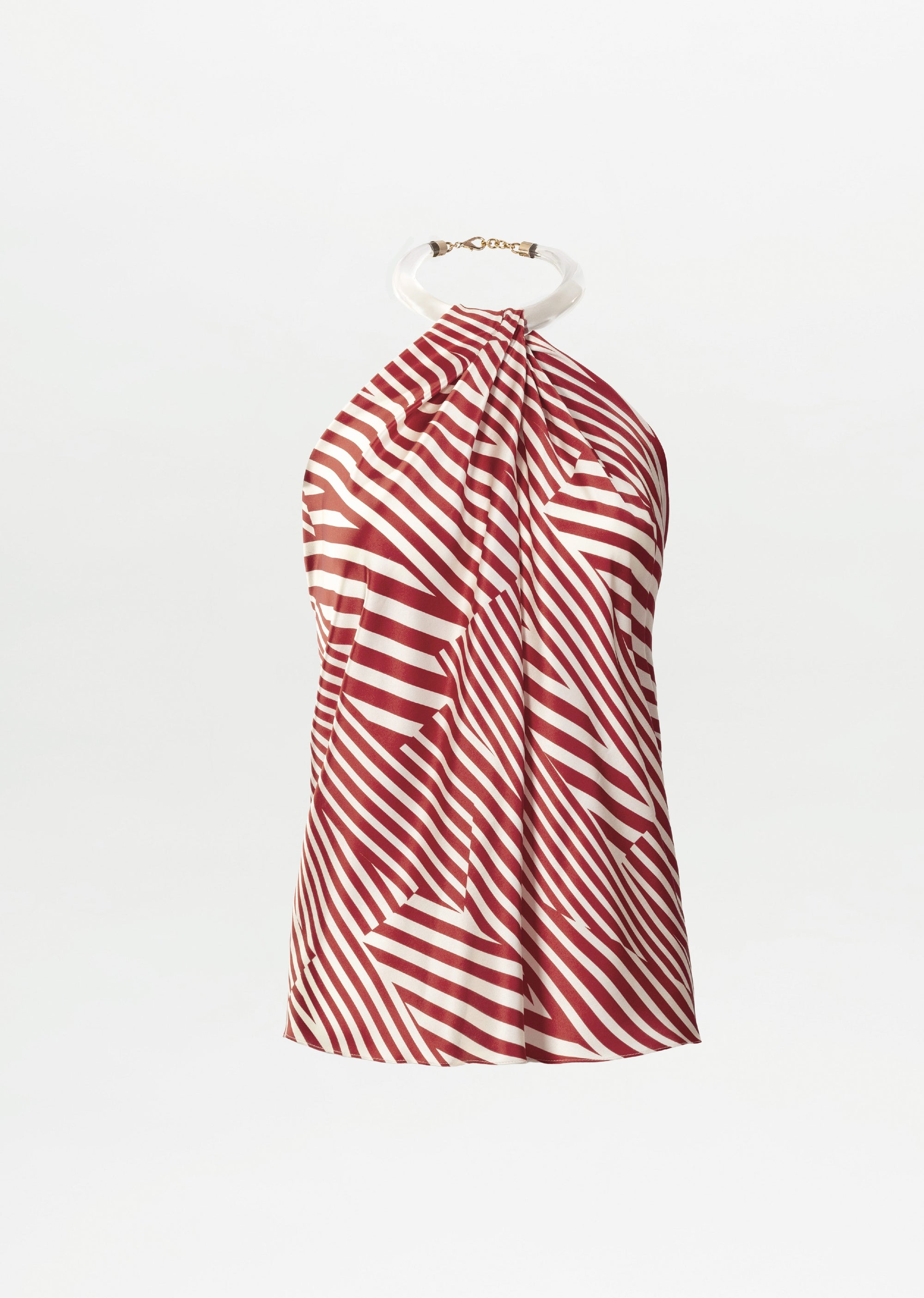 The Dianela Blouse by SVT DESIGNS is a sleeveless halter top made from luxurious Italian silk, featuring diagonal red and white stripes, a high neckline with a circular gold-accented clasp, shown against a plain white background.