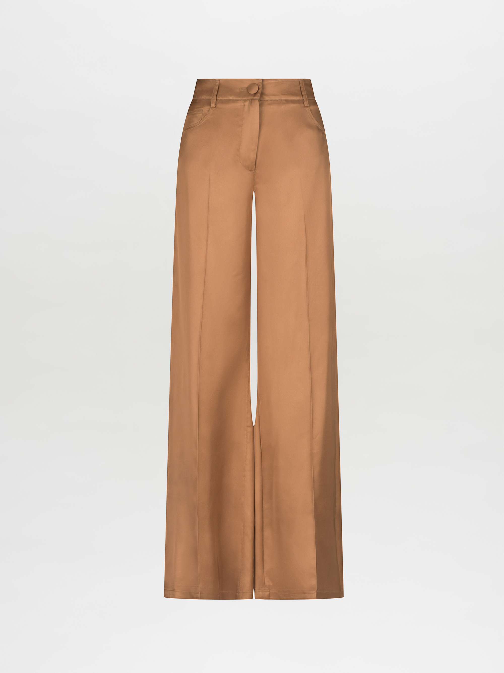 The Silvia Tcherassi US Emine Pant offers high-waisted, wide-leg brown trousers crafted from 100% viscose. Featuring a button and zip closure, they showcase an elegant texture against a plain white background.