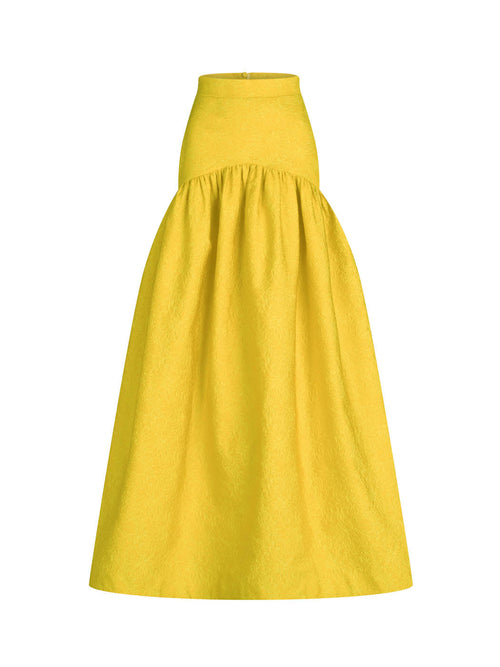Yellow halter-neck evening gown with a full Eider Skirt Limoncello, displayed on a plain white background.