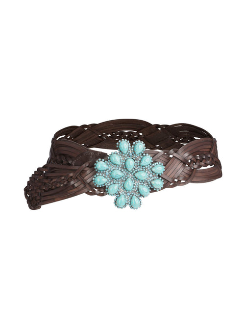 A brown braided Enis Belt Aqua adorned with a large, intricate 3D turquoise and silver floral buckle.