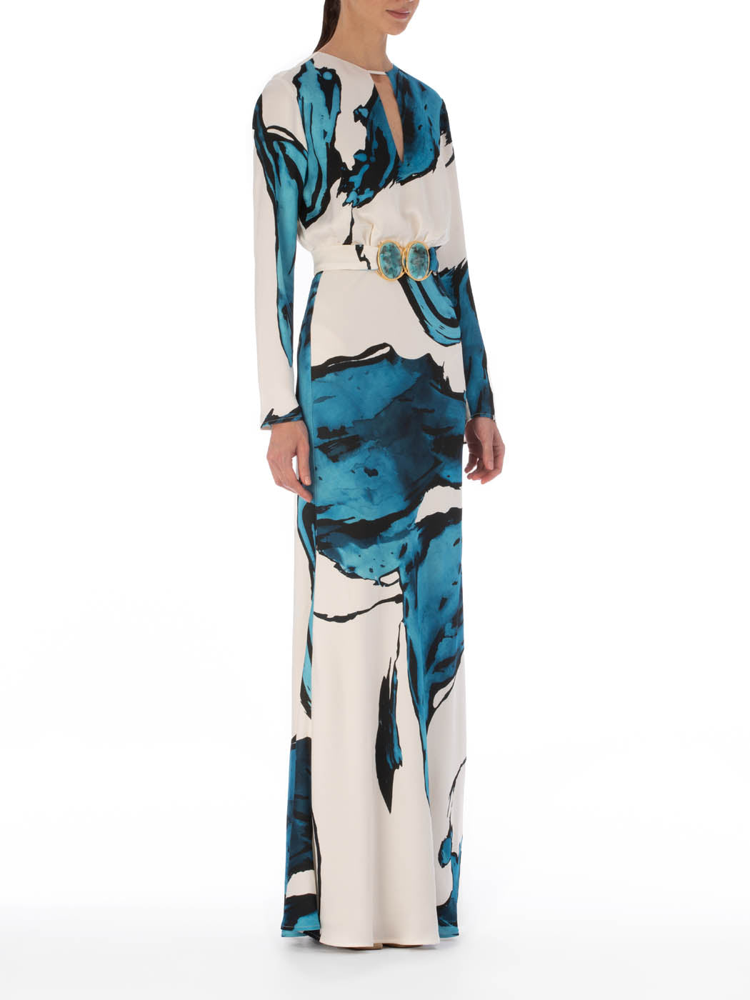 Fadia Dress Multi Abstract Waves with a circular resin buckle at the waist, isolated on a white background.