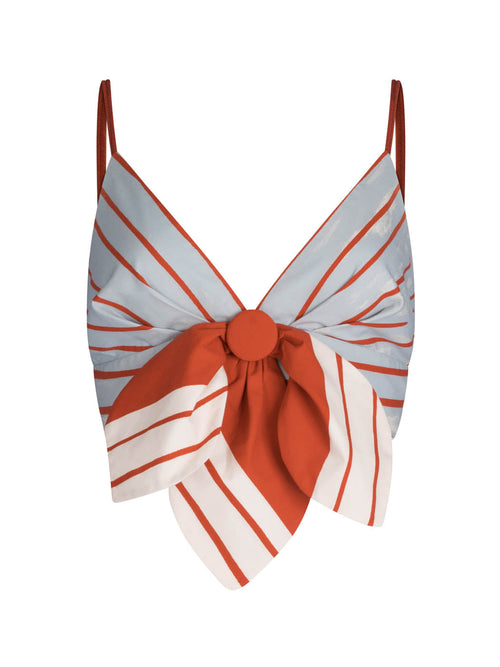 A striped red and white Flor Top Sausalito Sunset bow-style bikini top isolated on a white background.