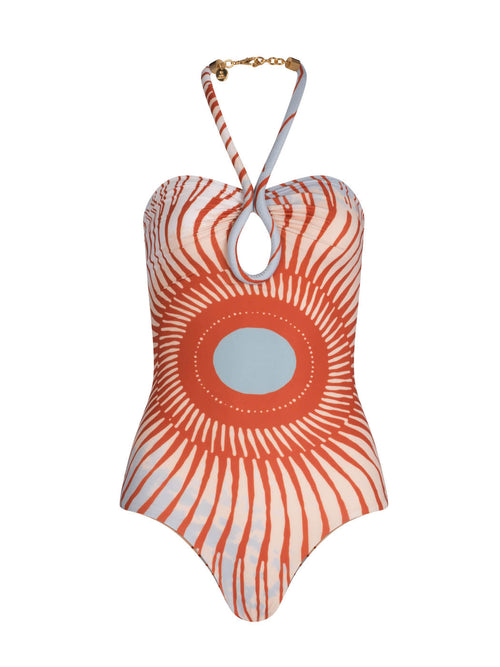 Frazer Bodysuit Sausalito Sunset with a halter neckline and a circular cut-out on the torso.