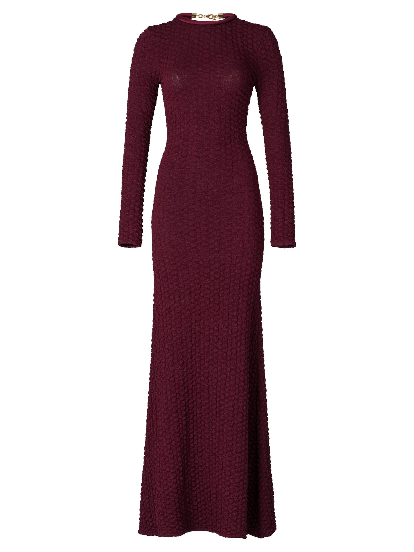 The model is wearing a pre-order Gabbice Dress Burgundy, set to ship by August 15th.