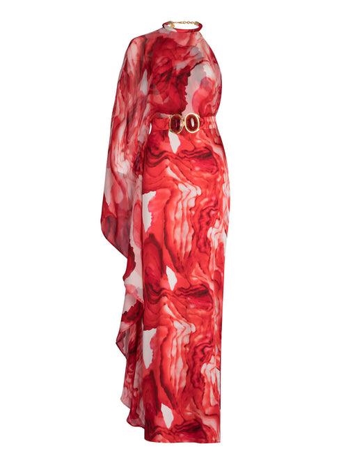 Mannequin dressed in a Gael Dress Multi Abstract Rouge, featuring a removable belt with marbled resin buckles, high neckline, and a lightweight chiffon drape on