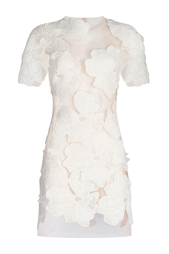 Hada Dress Multi Floral White with floral appliqué design, available for pre-order.