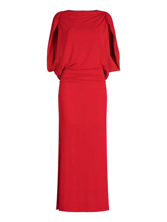 Harriet Dress Rouge evening dress with draped boat neckline, elbow-length sleeves, and a fitted waist on a white background.