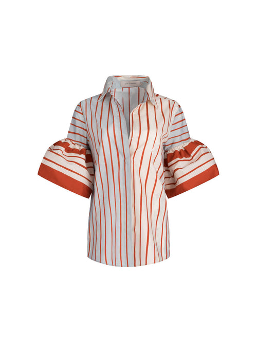A white short-sleeve cotton Helina Blouse Sausalito Sunset with red and orange striped print, displayed on an invisible mannequin against a white background.