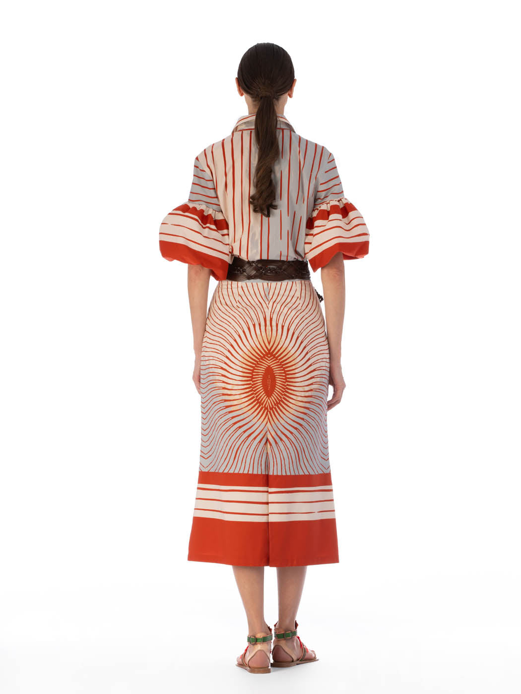 A white short-sleeve cotton Helina Blouse Sausalito Sunset with red and orange striped print, displayed on an invisible mannequin against a white background.