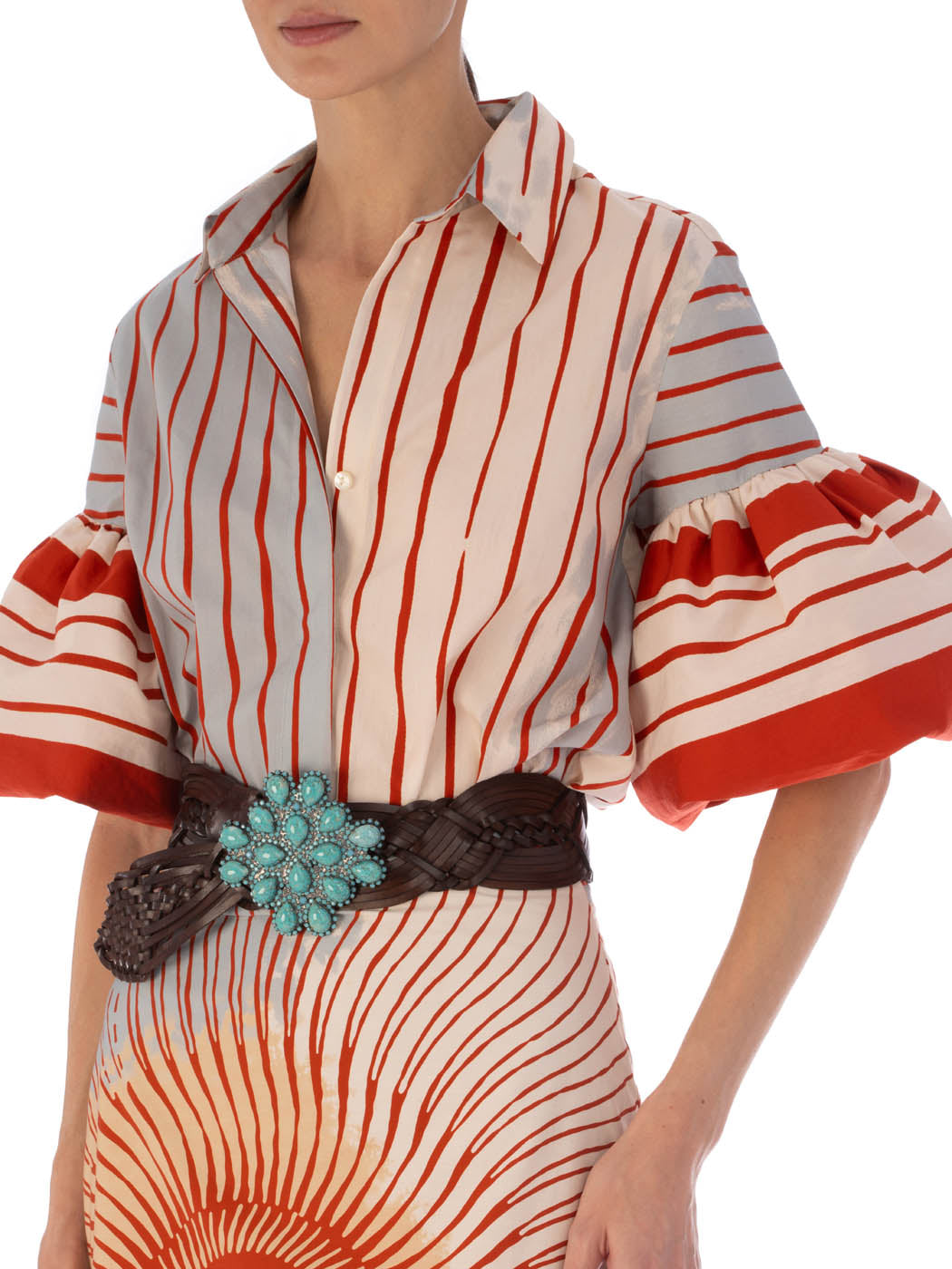 A white short-sleeve cotton Helina Blouse Sausalito Sunset with red and orange striped print, displayed on an invisible mannequin against a white background.