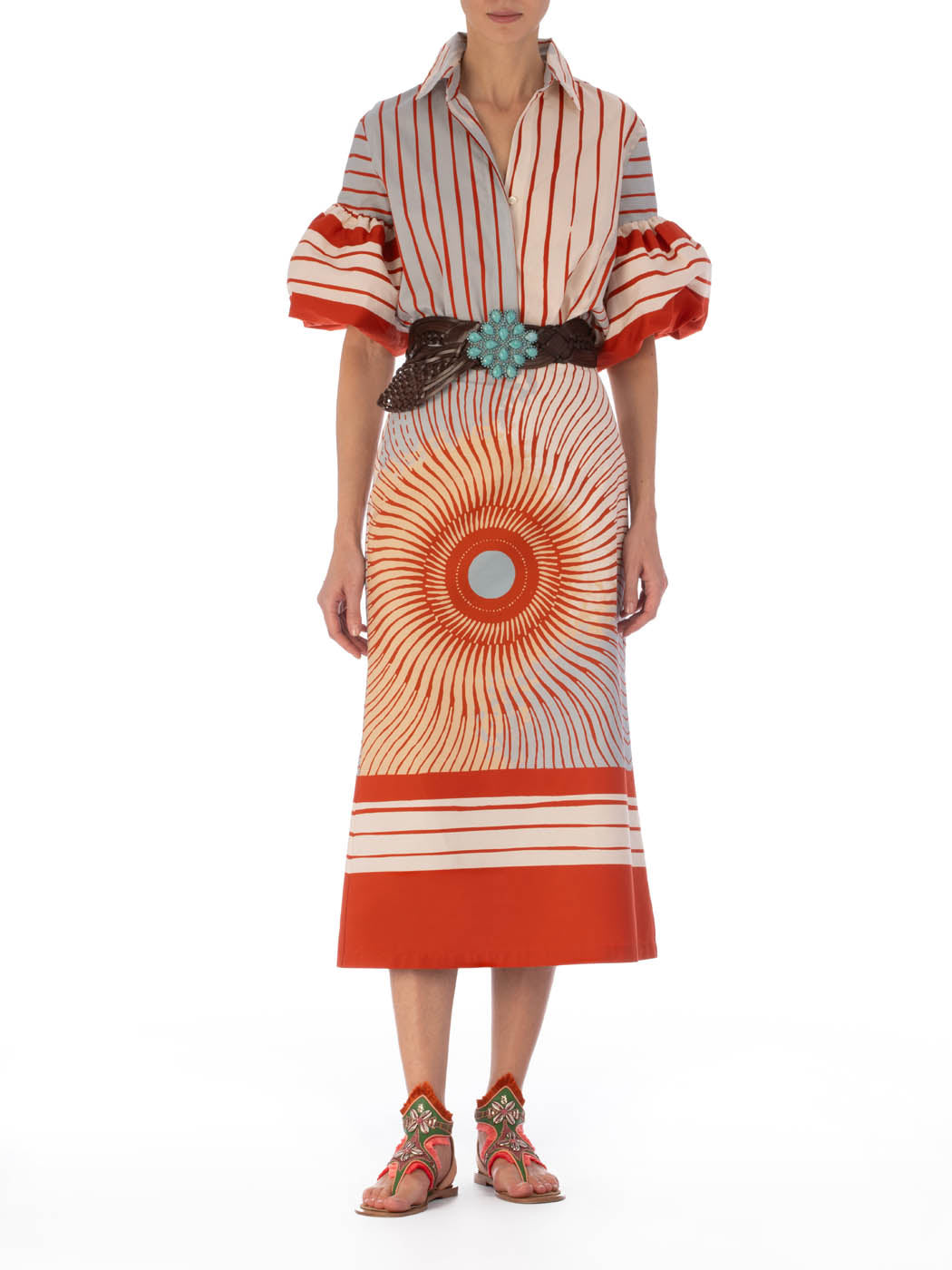 A white short-sleeve cotton Helina Blouse Sausalito Sunset with red and orange striped print, displayed on an invisible mannequin against a white background.