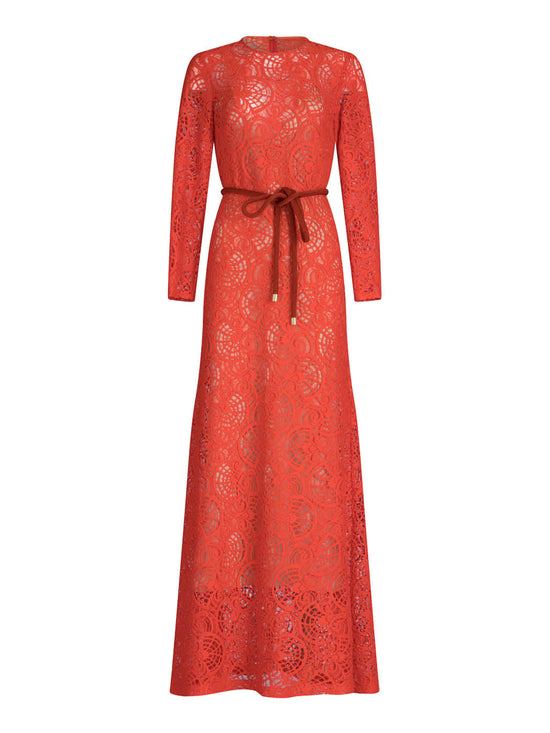 Ida Dress Rouge Embroidery with long sleeves and a belt, displayed against a white background.