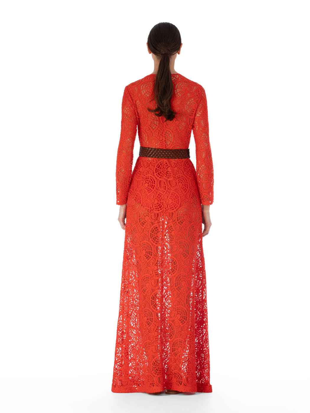 Ida Dress Rouge Embroidery with long sleeves and a belt, displayed against a white background.