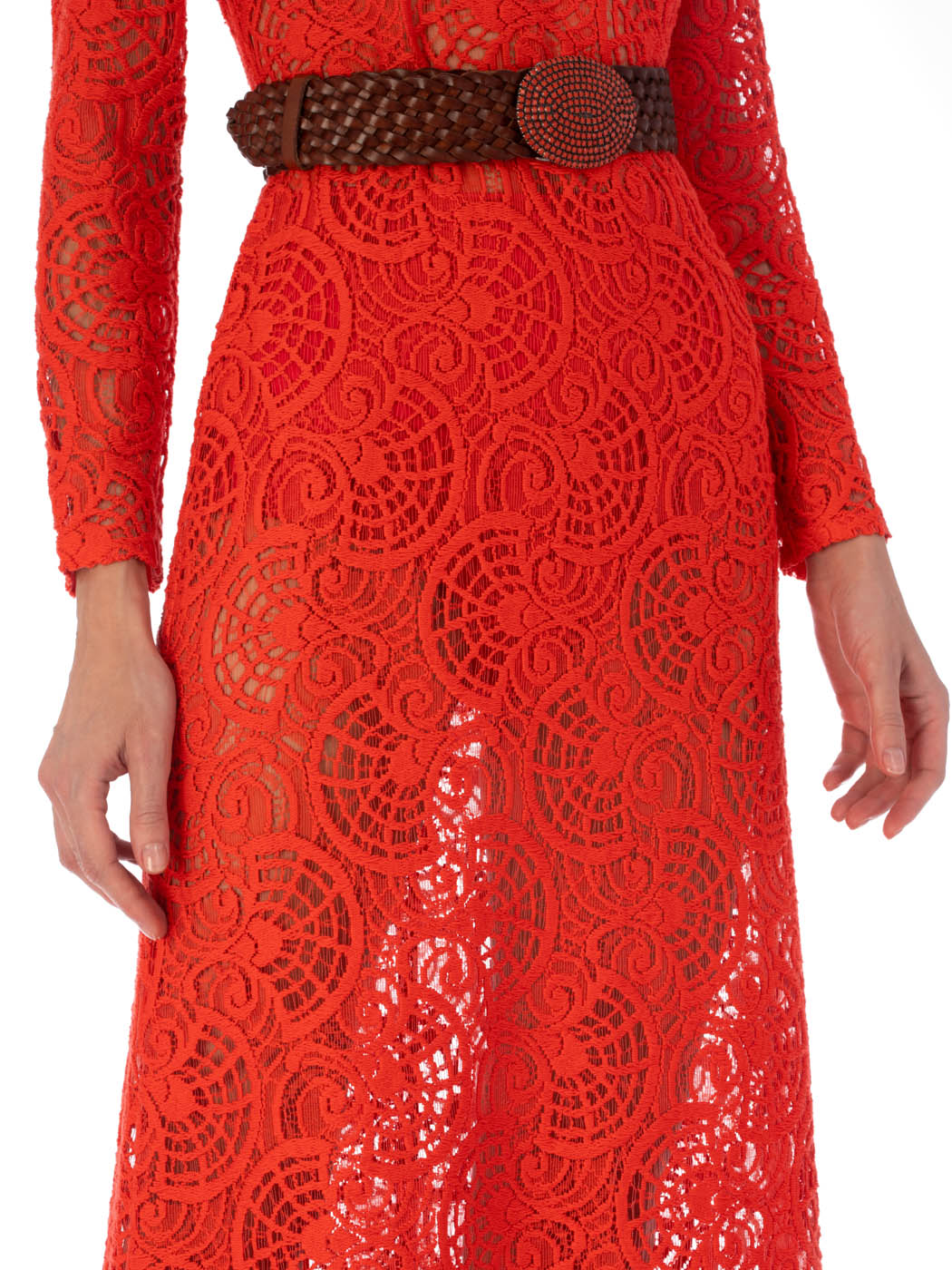 Ida Dress Rouge Embroidery with long sleeves and a belt, displayed against a white background.