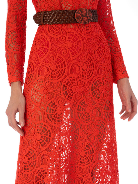 Ida Dress Rouge Embroidery with long sleeves and a belt, displayed against a white background.