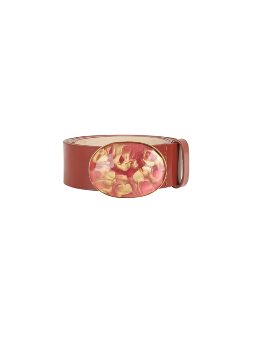 The Irene Belt Camel, crafted from brown Italian leather and featuring a gold and pink floral-patterned resin buckle, is perfect for Fall 2023.