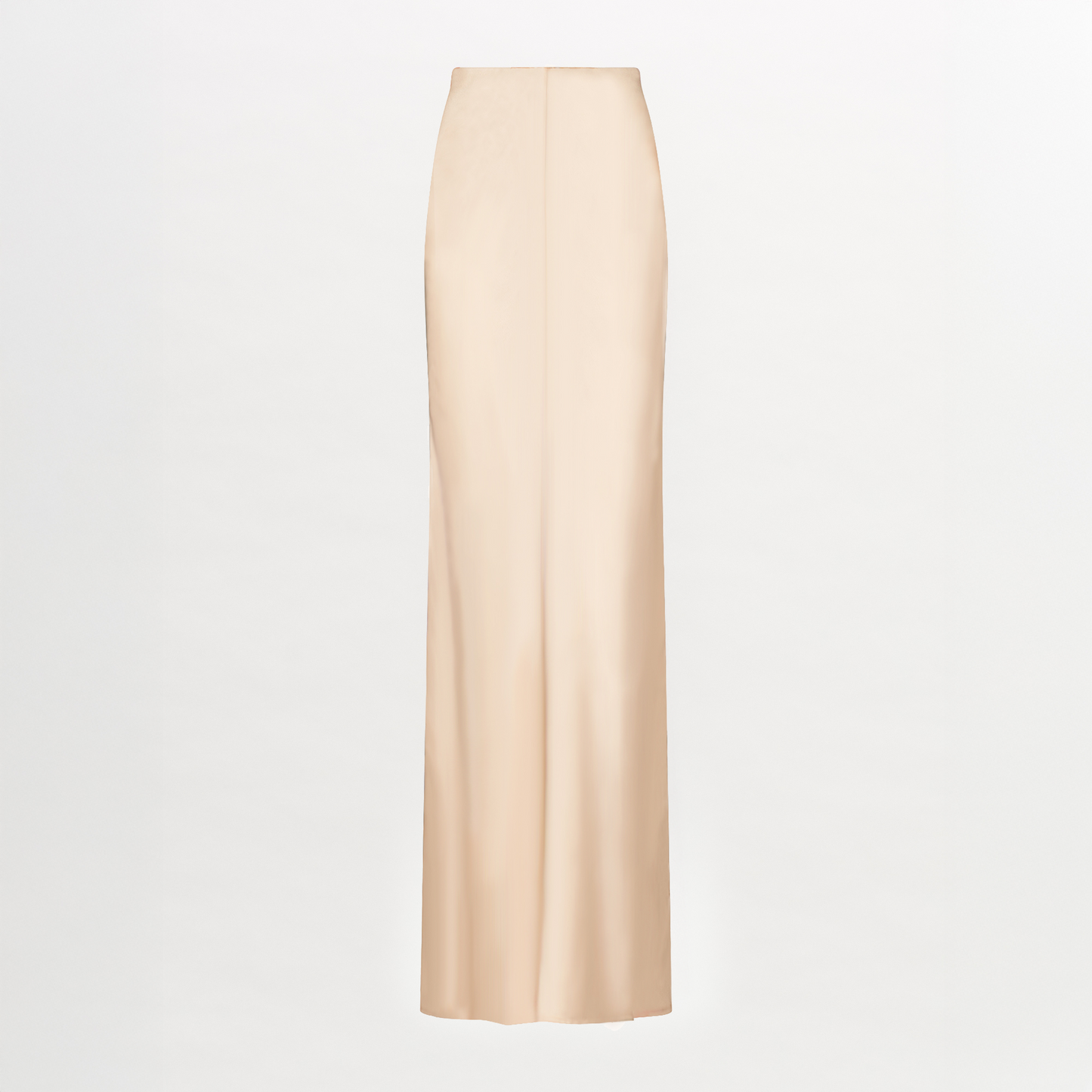 The Laurina Skirt is a beige satin, high-waisted maxi skirt with a straight silhouette in solid color, shown on a plain white background.